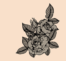 Wall Mural - Rose vector lace by hand drawing.Beautiful flower on brown background.Rose lace art highly detailed in line art style.Flower tattoo on vintage paper.