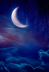 Wall Mural - landscape of sky with crescent, many stars and meteor shower.