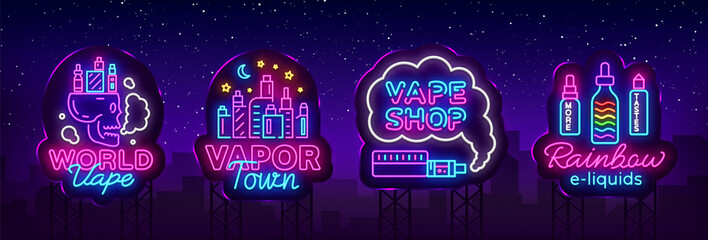 Wall Mural - Vape shop neon sign collection vector. Vaping Store Logos set Emblem Neon, Its Vape Shop Concept Vapor Town, Rainbow E-liquids. Trendy designer elements for advertising. Vector Billboards
