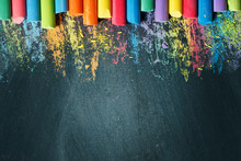 Colorful Crayons On The Blackboard, Drawing. Back To School Background.