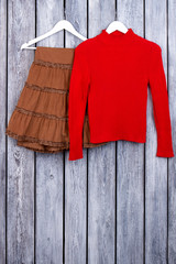 Wall Mural - Brown skirt and red sweater on hangers. Grey desk surface background.