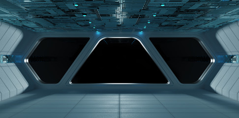 Fototapete - Spaceship futuristic grey blue interior window view
