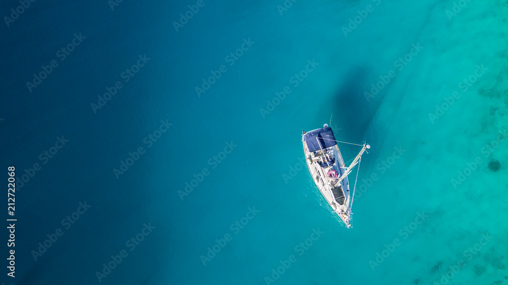 Sailing boat anchoring in Croatia bay, aerial view. - obrazy, fototapety, plakaty 