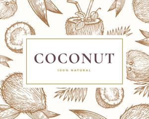 Wall Mural - hand drawn coconut illustration card. abstract vector hand drawn coconuts and palm leaf sketches bac