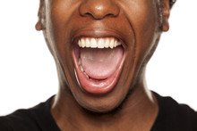 Open Mouth Closeup Of Young Black African American Guy On White Background