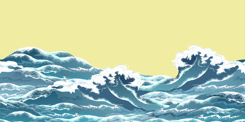  Sea wave horizontal seamless pattern in oriental vintage ukiyo-e style, realistic vector illustration on yellow background, ready for parallax effect.