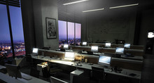 Bürokomplex - Großraumbüro Mit Mehreren Arbeitsplätzen Am Abend