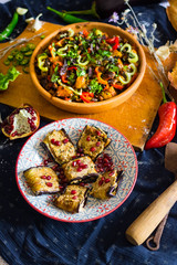 Ajapsandal vegetables stew in clay ketsi dish. Traditional Georgian food made cooked with different sorts of seasonal vegetables and greens (meat as option). Caucasus lunch with eggplant walnut pkhali