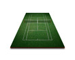 Tennis court, green grass with white line from top view.