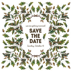 Watercolor save the date wedding card with oak branches