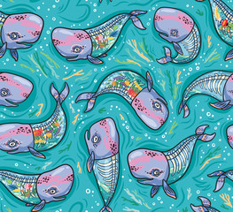 Poster - Seamless pattern with floral anatomy whales in cartoon style. Vector illustration