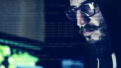 Wall Mural - closeup of hacker working on computer