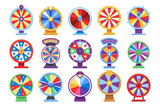 Fototapeta  - Fortune wheels flat icons set. Spin lucky wheel casino money game symbols