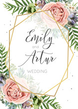 Wedding Invitation, Floral Invite, Save The Date Card Vector Design. Watercolor Peach Lavender Pink Garden Rose, Succulent, Eucalyptus, Green Palm Leaves Greenery, Transparent Geometrical Golden Frame
