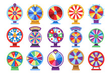 Fortune Wheels Flat Icons Set. Spin Lucky Wheel Casino Money Game Symbols
