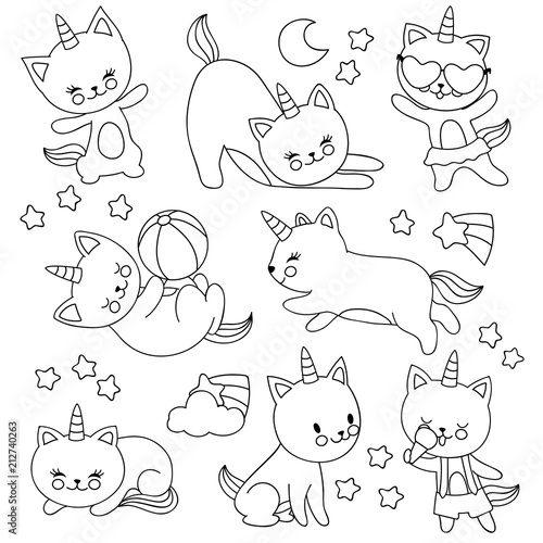hand drawn cute flying unicorn cats vector cartoon