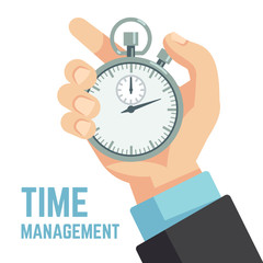 Canvas Print - Businessman hand holding stopwatch or clock. Deadline, punctuality and time management business vector concept