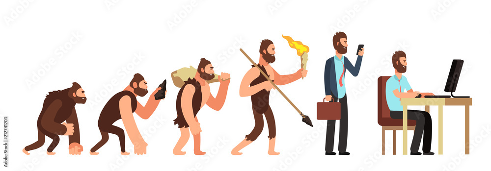Human evolution. From monkey to businessman and computer user. Cartoon vector characters - obrazy, fototapety, plakaty 