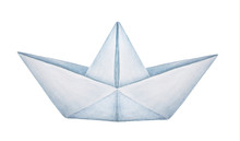 Watercolour Illustration Of Classic Folded Paper Boat. One Single Object, Side View. Symbol Of Childhood, Dreams, Travel, Freedom. Handdrawn Water Color Painting On White Background, Cut Out Clip Art.