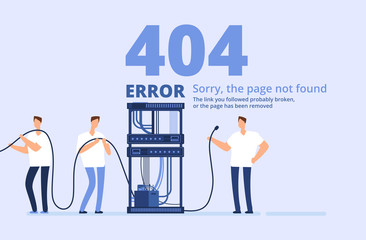 Page 404 error concept. Sorry, page not found web site template with server and network administrators. Vector background