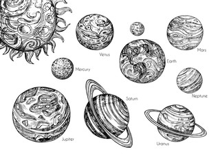 sketch solar system planets. mercury, venus, earth, mars, jupiter, saturn, uranus and neptune in han