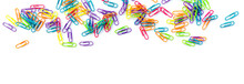 Panorama Of Colorful Paper Clips Isolated On White Background With Copy Space. Back To School Web Banner.