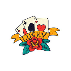 Canvas Print - Playing cards, red rode flower, ribbon and word Lucky, classic American old school tattoo