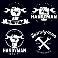 Handyman labels badges emblems and design elements. Tools silhouettes. Carpentry related vector vintage illustration.