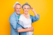 Dental teeth health style stylish trendy sweetheart dreamy person concept. Close up photo portrait of excited romantic cute lovely grandma grandpa enjoying life together isolated on bright background