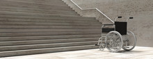 Wheelchair Empty Infront Of Concrete Stairs. 3d Illustration