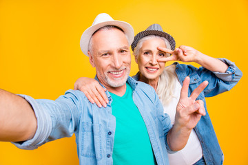 Happiness rest relax lifestyle internet online travel weekend vacation journey resort concept. Close up photo portrait of cheerful lovely sweetheart person taking selfie isolated on bright background