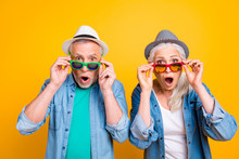 Wow Unbelievable! Success Win Winner Victory Facial Expressing Hipster Concept. Close Up Photo Portrait Of Two Excited Astonished Scared Beautiful Handsome People Touching Glasses Isolated Background