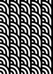 Wall Mural - Seamless pattern with circles and striped black white straight lines. Optical illusion effect. Geometric tile in op art style. Vector illusive background for cloth, textile, print, web.