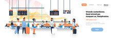 Man Woman Waiting Takeoff In Airport Hall Departure Lounge Passengers Terminal Check Interior Flat Banner Copy Space Vector Illustration
