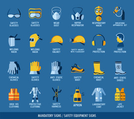 collection of safety equipment. set of safety and health protection signs. mandatory construction an
