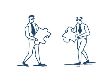 Wall Mural - two business man putting puzzle pieces team working jigsaw concept on white background sketch doodle vector illustration