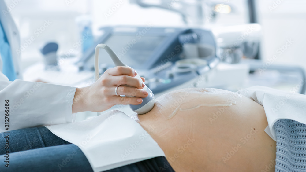 In the Hospital, Close-up Shot of the Doctor Doing Ultrasound / Sonogram Scan to a Pregnant Woman. Obstetrician Moving Transducer on the Belly of the Future Mother. - obrazy, fototapety, plakaty 