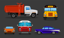 Vector Set Of Cartoon Cars - Public Transportation Or Private Vehicles. School Bus, Garbage Truck And Sport Automobile In Side, Front View. Colorful Collection