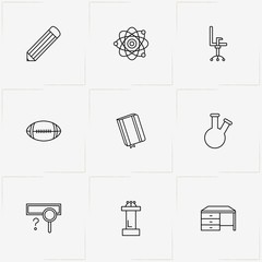 Student line icon set with magnifier, book and chemical flask