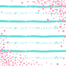 Pink Glitter Dots Confetti On Turquoise Stripes. Falling Sequins With Metallic Shimmer. Design With Pink Glitter Dots For Party Invitation, Event Banner, Flyer, Birthday Card.