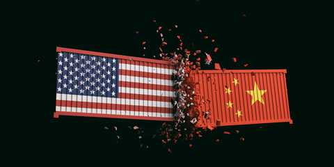 Sticker - USA and China trade war. US of America and chinese flags crashed containers on black background. 3d illustration