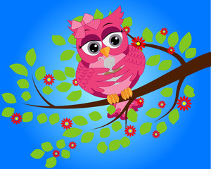 Wall Mural - A bright, cartoon, beautiful, pink owl with a bow on the ear and a cup of coffee sits on a flowering tree branch