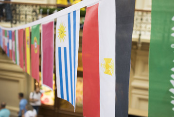 Flags of many countries hang from the ceiling on the ropes in the Mall