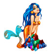 Sexy young mermaid with blue hair sitting on a bunch of multicolored gems isolated on white background. Vector illustration.