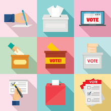 Ballot Voting Box Vote Polling Icons Set. Flat Illustration Of 9 Ballot Voting Box Vote Polling Vector Icons For Web
