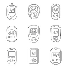 Wall Mural - Glucose meter sugar blood test device icons set. Outline illustration of 9 glucose meter sugar blood test device vector icons for web