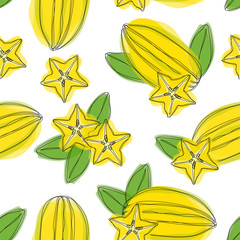 Wall Mural - Seamless pattern with sliced carambola fruit. Stylized colorful star fruit. Hand draw illustration.