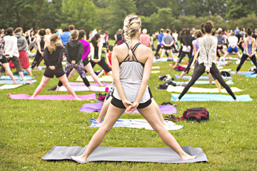 Wall Mural - big group of adults attending a yoga class outside in park