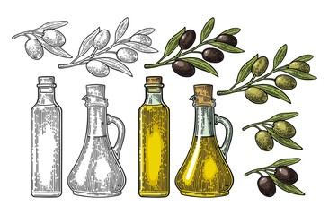 Wall Mural - Bottle glass oil with cork stopper and branch olive with leaves