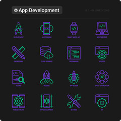 Wall Mural - app development thin line icons set: writing code, multitasking, smart watch app, engineering, updat